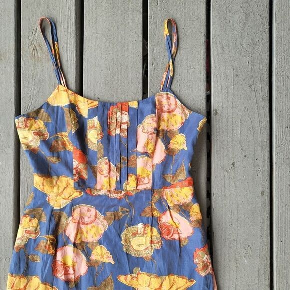 Anthro Maeve Peony Slip Dress Silk Blend Floral Strappy Open Back Blue Size 10 - Picture 4 of 13